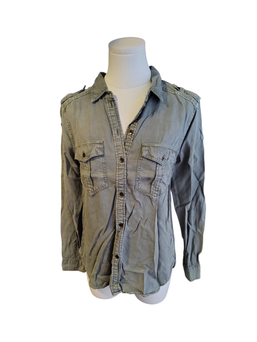 American Eagle Boyfriend Fit Acid Washed Olive Button Down Shirt Size Small